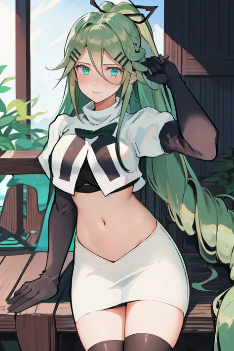 best quality, masterpiece, highres, solo, {yamakaze_kantaicollection:1.15}, green_hair, hair_between_eyes, long_hair, hair_ornament, hairclip, ribbon, hair_ribbon, ponytail, black_ribbon, blush, green_eyes, blue_eyes, 1girl, bangs, sidelocks, team rocket,t...