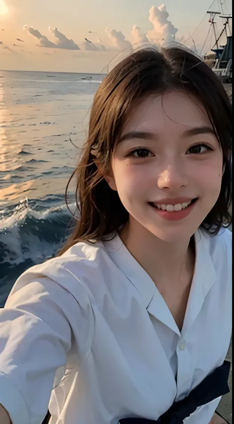 1 girl, sailor, sea background, happy face