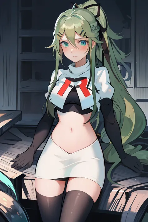 best quality, masterpiece, highres, solo, {yamakaze_kantaicollection:1.15}, green_hair, hair_between_eyes, long_hair, hair_ornament, hairclip, ribbon, hair_ribbon, ponytail, black_ribbon, blush, green_eyes, blue_eyes, 1girl, bangs, sidelocks, team rocket,t...