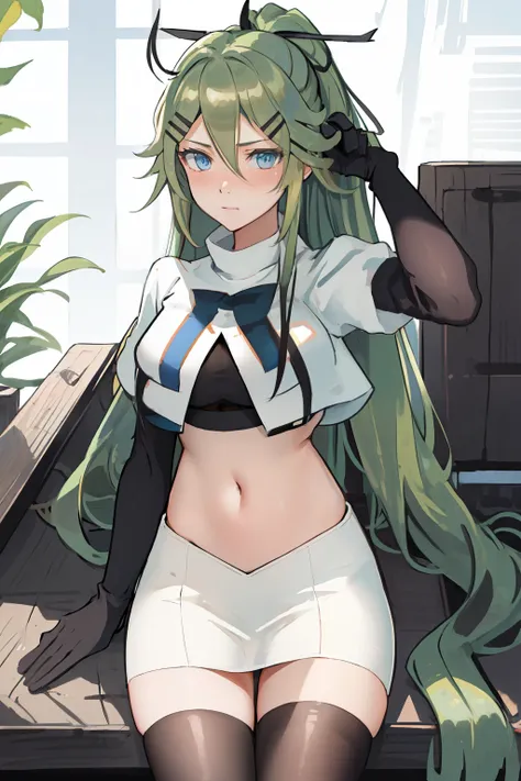 best quality, masterpiece, highres, solo, {yamakaze_kantaicollection:1.15}, green_hair, hair_between_eyes, long_hair, hair_ornament, hairclip, ribbon, hair_ribbon, ponytail, black_ribbon, blush, green_eyes, blue_eyes, 1girl, bangs, sidelocks, team rocket,t...