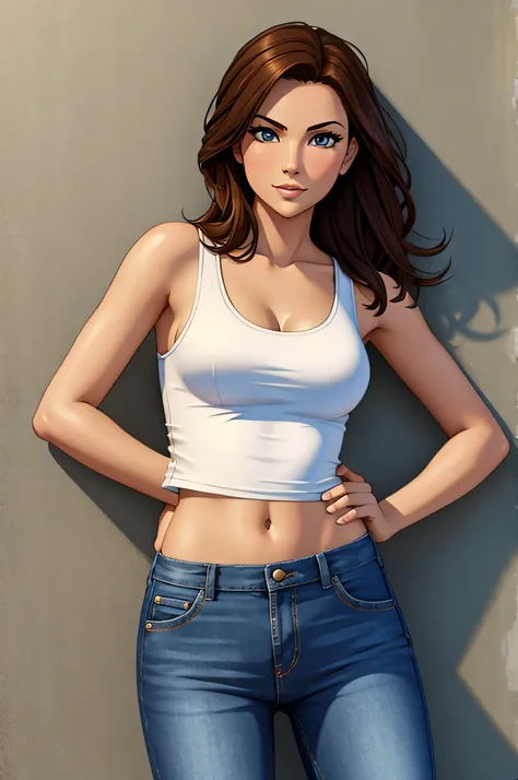 Indie game art,(wearing mom jeans, tank top with no emblem, Cartoon style), Hand drawn, Technical illustration, Graphic design, western style animation, brown hair, looking curious, wide hips, 30 year old woman