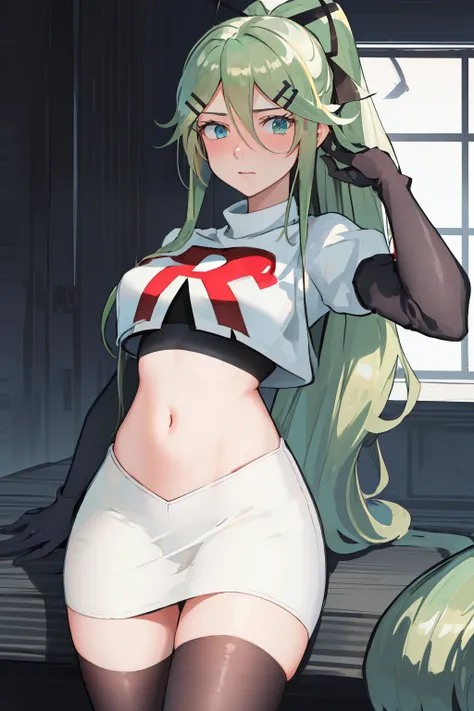 best quality, masterpiece, highres, solo, {yamakaze_kantaicollection:1.15}, green_hair, hair_between_eyes, long_hair, hair_ornament, hairclip, ribbon, hair_ribbon, ponytail, black_ribbon, blush, green_eyes, blue_eyes, 1girl, bangs, sidelocks, team rocket,t...