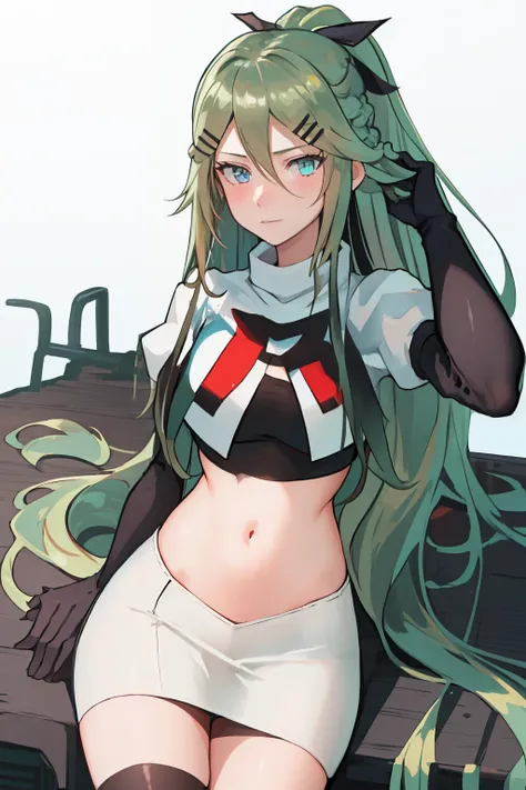 best quality, masterpiece, highres, solo, {yamakaze_kantaicollection:1.15}, green_hair, hair_between_eyes, long_hair, hair_ornament, hairclip, ribbon, hair_ribbon, ponytail, black_ribbon, blush, green_eyes, blue_eyes, 1girl, bangs, sidelocks, team rocket,t...