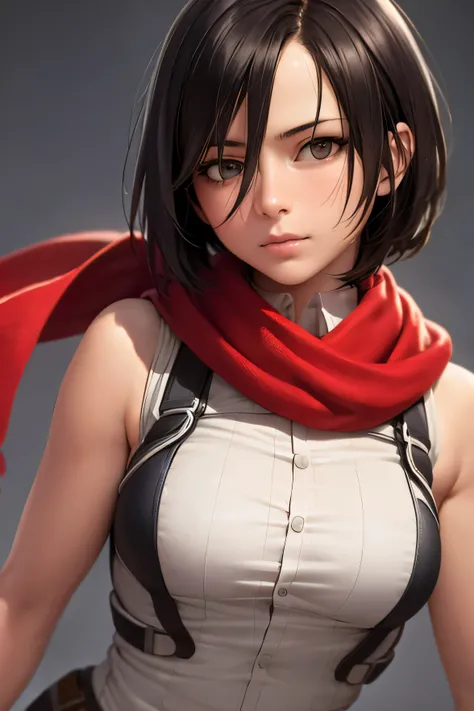 ((best quality)), ((masterpiece)), ((Realistic)), ((perfect)), perfect anatomy, 1girl, Mikasa Ackerman, Hair between the eyes, Short hair, Gray eyes, beautifull face, Uniforme militar Paradis, red scarf around the neck, 20yo, high angle, ((dynamic poses))