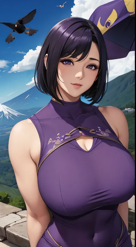 mountain fuji on the background、((((condor is flying))))、cleavage of the breast，Slightly chubby， fully body photo，(((purple tight dress)))，Luxurious embroidery， Short hair、abdominals