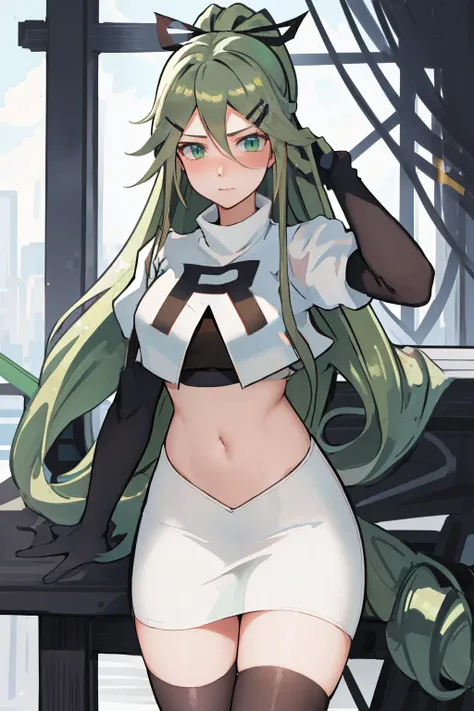 best quality, masterpiece, highres, solo, {yamakaze_kantaicollection:1.15}, green_hair, hair_between_eyes, long_hair, hair_ornament, hairclip, ribbon, hair_ribbon, ponytail, black_ribbon, blush, green_eyes, blue_eyes, 1girl, bangs, sidelocks, team rocket,t...