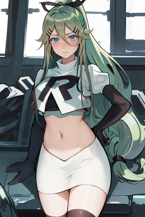 best quality, masterpiece, highres, solo, {yamakaze_kantaicollection:1.15}, green_hair, hair_between_eyes, long_hair, hair_ornament, hairclip, ribbon, hair_ribbon, ponytail, black_ribbon, blush, green_eyes, blue_eyes, 1girl, bangs, sidelocks, team rocket,t...