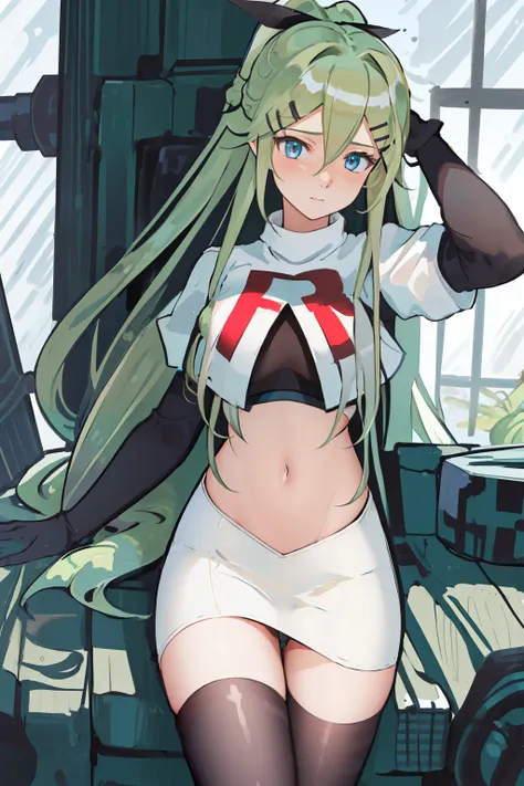 best quality, masterpiece, highres, solo, {yamakaze_kantaicollection:1.15}, green_hair, hair_between_eyes, long_hair, hair_ornament, hairclip, ribbon, hair_ribbon, ponytail, black_ribbon, blush, green_eyes, blue_eyes, 1girl, bangs, sidelocks, team rocket,t...