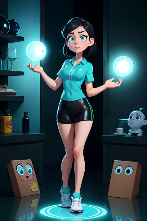 1girl, housewife, black hair, green eyes, glowing eyes, blue sportswear, glass case, mind-controlled, hypnotized, attention, hollow eyes, 3D Disney style, full body