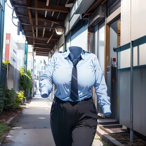 absurdres, highres, ultra detailed, school uniform, stripe tie, cute big breasts, (invisible, no human, headless, handless:1.5), chubby, from below, cute pose, white slacks