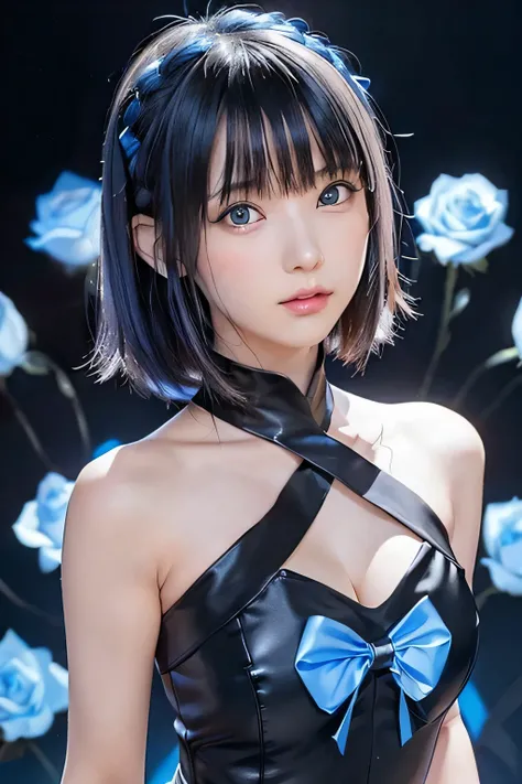 (Best Quality, masutepiece), (1girl in, Solo, Black Dress, Standing , Looking at Viewer, Black and blue hair, Blue eyes,  Closed mouth, ),((Blue roses)),   1girll、flat body、Slimed、cute little、Elementary school face、 (Background bokeh)、(Glow:1.3)、(blue geom...