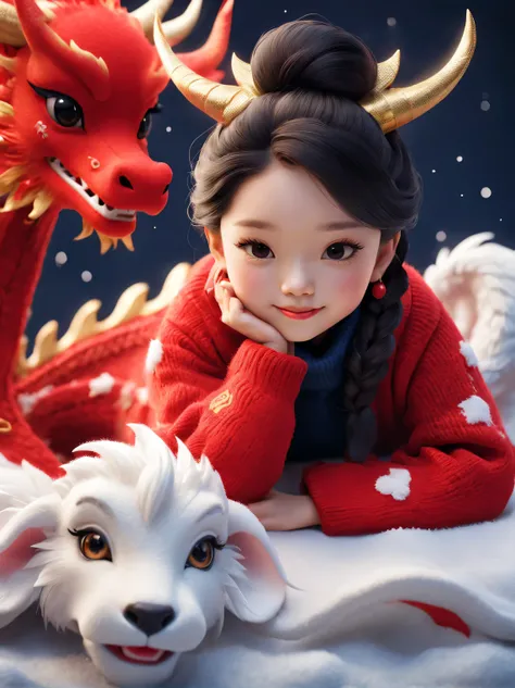 tully shaw style, （Close up of smiling cute zodiac dragon baby and chinese barbie girl：1.1），Wear a sense of luxury, Gorgeous fashionable winter cashmere wool craft ， Background with：Dark navy and fiery red，2024 new year elements，golden ornaments，heavy snow...