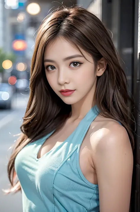 (((a woman posing on the street corner with light blue dress on)))、shiny smooth light brown hair, Beautiful sky with details、耳环、(dynamicposes:1.2)、 (The upper part of the body:0.8)、Soft lighting、the wind、glowy skin、A smile、,(eyeshadows:1.3),(eye line:1.3),...