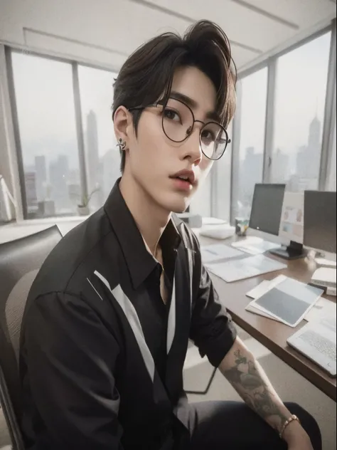 Theres a man sitting at a desk with ONE laptop and a phone, Cai Xukun, beautiful androgynous prince, androgynous person, Jung Jaehyun, delicate androgynous prince, Ulzzang macho, wearing a suit and glasses, androgynous male, With eye Glasses, androgynous, ...