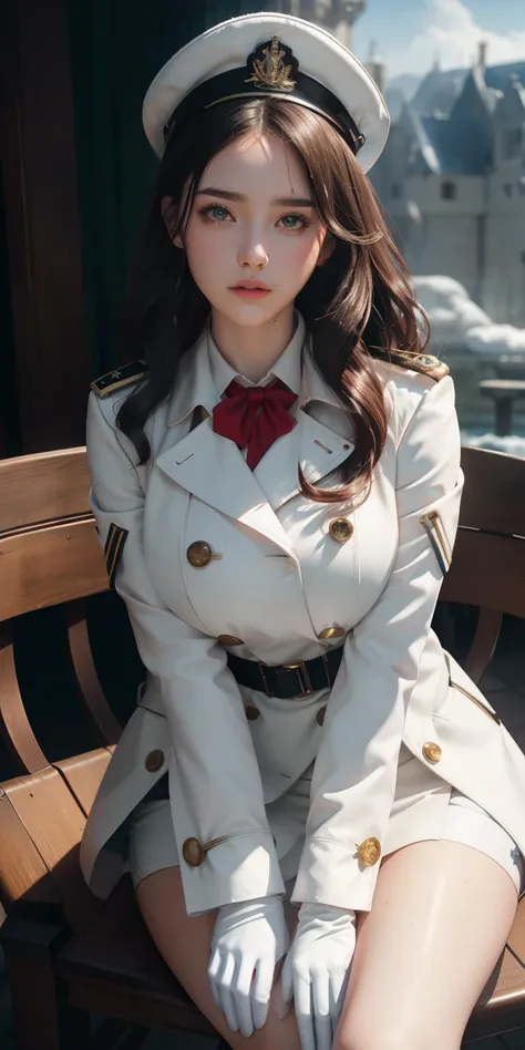 Very detailed CG, 1 girl, red face, slightly open lips, wet body, plump and symmetrical breasts, raised buttocks, long white trench coat, two-breasted buttons, buttoned well, white military cap, white gloves, white boots, green wavy curls, leather whip, ch...