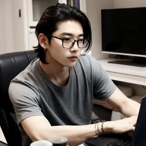 there is a man sitting at a desk with a laptop computer, TaeJune Kim, Wonbin Lee, Hyung Tae, Seseon Yoon, Sul Coreano Masculino, With eye Glasses, Jinyoung Canela, Cai Xukun, Ulzzang macho, Jung Jaehyun, Hong June Hyung, Artista coreano, Hyung Tae kim, Ste...