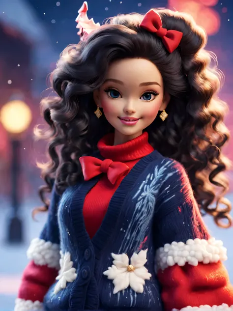 tully shaw style (Close up of cute little dragon and smiling barbie girl with black curly hair: 1.1), Exudes luxury, Gorgeous fashionable winter cashmere wool fashion, Big bow，With dark navy blue and fiery red background, 2024 new year elements, golden jew...