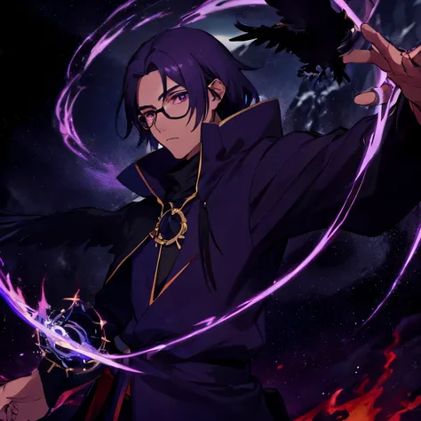 anime character with a crow on his arm in front of a mountain,  role, black hair, brown skin, purple eyes, purple, red, and blue fire, fiery aura, magic circle, glasses, white, dark blue, and gold clothing