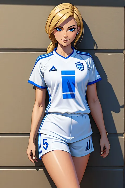 Indie game art,(wearing plain white soccer outfit, Cartoon style), Hand drawn, Technical illustration, Graphic design, blonde hair, college girl, smirking