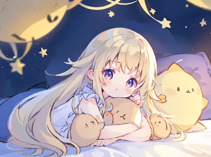 Best quality, masterpiece, ultra high res, clean facial features, flat desigen, yellow theme, 
1 girl, light beige hair, indigo eyes, (sleepy eyes:1.1), (cute yellow night dress), kawaii, one hand on the face, bed time, messy long hair,
(  dark background)...