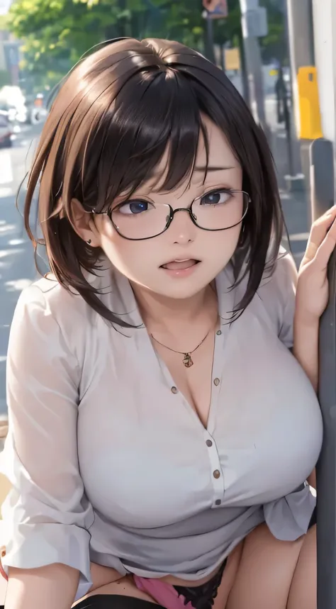 (drooping eyes, realistic skin, angle from below), (a woman wearing panties straddling the pipe-bollard that was installed on the ground for enjoying orgasm while smiling), thin blouse, colorful-skirt, ((plump woman, round face line)), glasses.