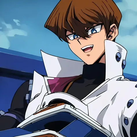 1 boy, seto kaiba, epic pose, yelling to cam with opened mouth, brown hair, black shirt, white jacket,  half body, extended arm, blue eyes, sarcastic smile, god