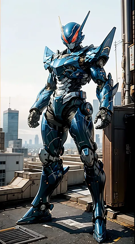 A super  a high-tech biotech battle suit, standing on a rooftop, looking over the city, Japanese tokusatsu and American comic style, biometallic texture of the suit, sleek and shiny, dynamic, fast, natural light, cinematic, high quality, high resolution, h...