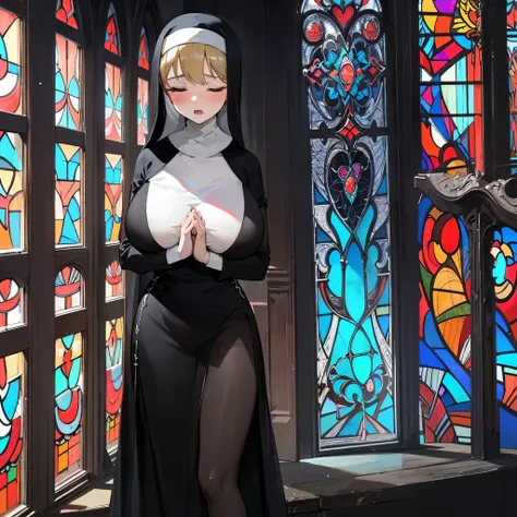 (solo 1 praying nun:1.3) standing in church, praying with holding hands together over chest, very thin, (black sheer long dress:1.5), (gigantic breasts:1.3), (bursting breasts:1.2), (black sheer long skirt:1.4), inconceivably thin waist, closing eyes, nose...