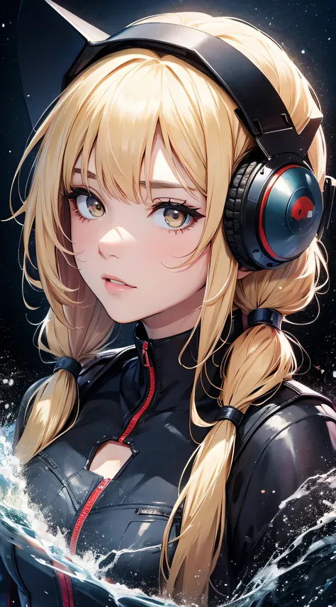 top-quality、Top image quality、​masterpiece、teens girl((18year old、 Ager、Best Bust、Medium bust,wide open breast tea、Golden Eyes, a blond、poneyTail、A slender,Highest valley、Black spacesuit、black suits、black space helmet)),hiquality、Beautiful Art、Background w...