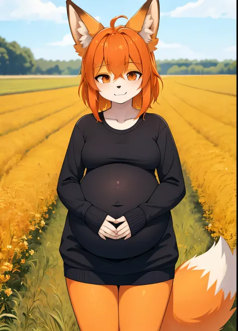 (masterpiece:1.2, best quality), (centered image composition), 1girl, solo orange hair, orange fluffy fox ears, fully clothed, background, field of depth, front_light, pregnant, holding positive pregnancy, small belly