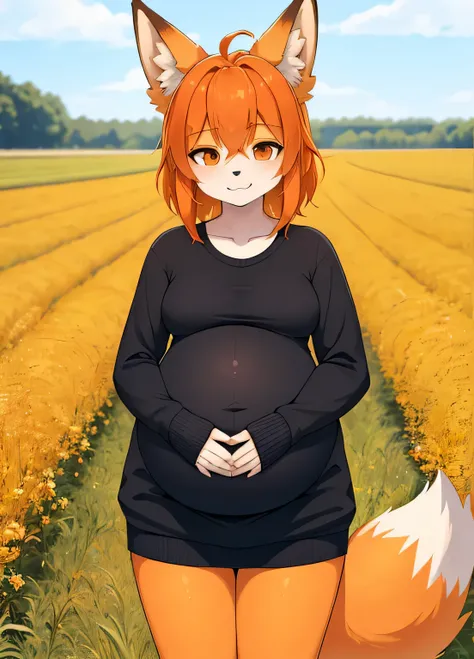 (masterpiece:1.2, best quality), (centered image composition), 1girl, solo orange hair, orange fluffy fox ears, fully clothed, background, field of depth, front_light, pregnant, holding positive pregnancy, small belly