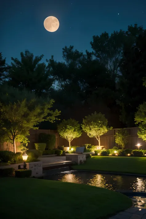 Realistic photography of garden community night scene with high quality moon