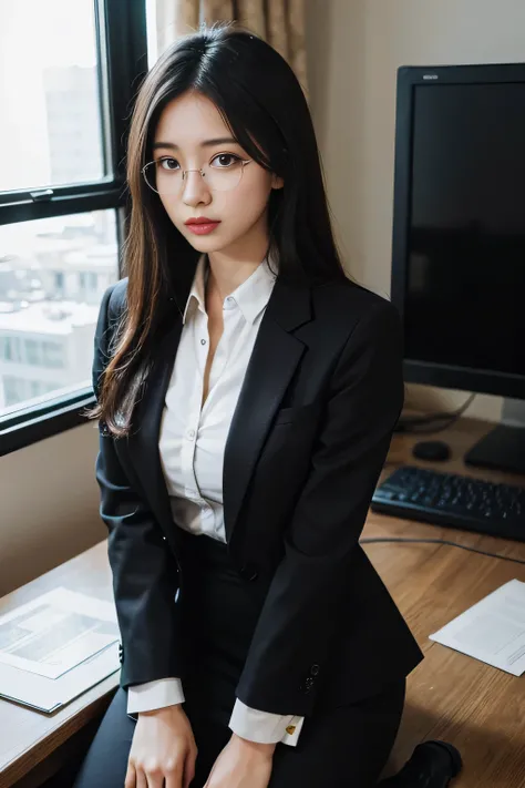 A woman, black hair, brown eyes, shapely body, long hair, hair parted in the middle, straight hair, in a suit, in an office, office outfit, detailed body, detailed eyes, masterpiece, best quality, high quality, camera raw, realistic, real person, wearing g...