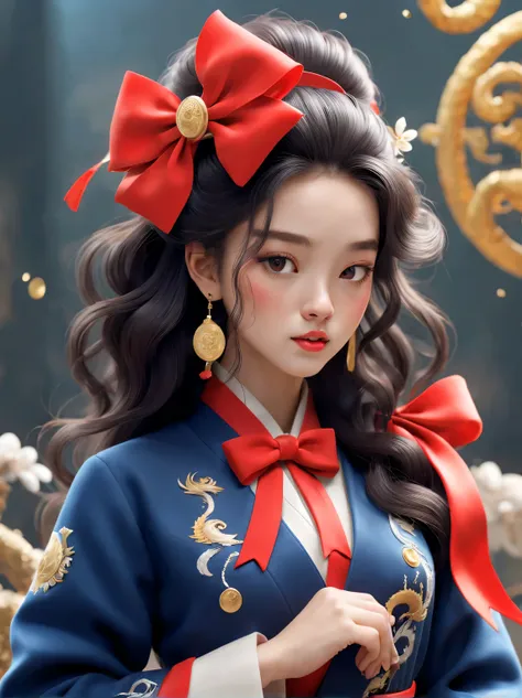 （可爱微笑芭比女孩和中国zodiac dragon特写），black long curly hair，zodiac dragon，big bow， exudes luxury, gorgeous fashionable winter cashmere wo...