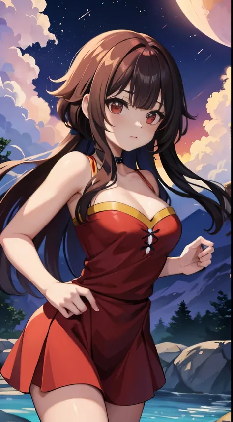 megumin que relaxa na fonte termal,２０generation,olhando para a lua、red eyes, cabelos curtos, cabelos castanhos, folhas coloridas...