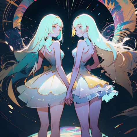 (best quality, masterpiece), two girls in long white dresselonde hair and blue eyes holding hands back to back,lillie and lusami...