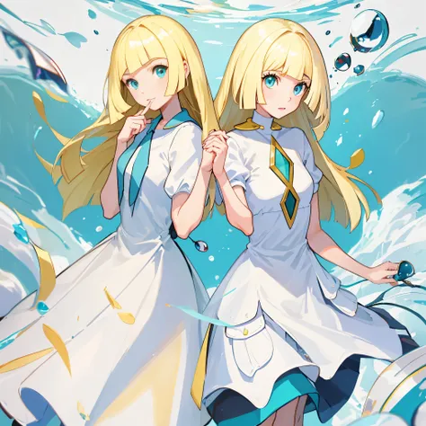 two girls in long white dresselonde hair and blue eyes holding hands back to back,lillie and lusamine