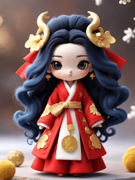 wool toy design，（可爱微笑芭比女孩和中国zodiac dragon特写），black long curly hair，zodiac dragon，big bow， exudes luxury, gorgeous fashionable wi...