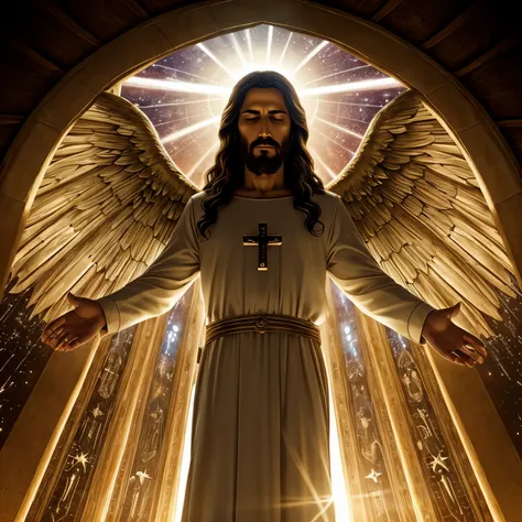 (best quality,ultra-detailed,realistic:1.37),Jesus Christ looking down on the earth,mankind disappointed,Jesus,bible,Christian,holy light,people in distress,fallen angels,dystopian city,hopelessness,darkness and shadows,faithful followers,cross,hill of cro...