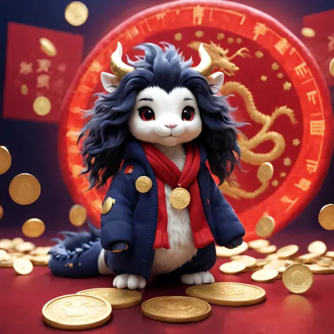 tully shaw style， （Plush toy design），(可爱微笑Zodiac dragon和芭比娃娃的特写），（Large close-up），Zodiac dragon，，black long curly hair，Winter fashion exudes luxury, Gorgeous and stylish，Sweaters，围巾，With dark navy blue and fiery red background, 2024 new year elements, Gold...