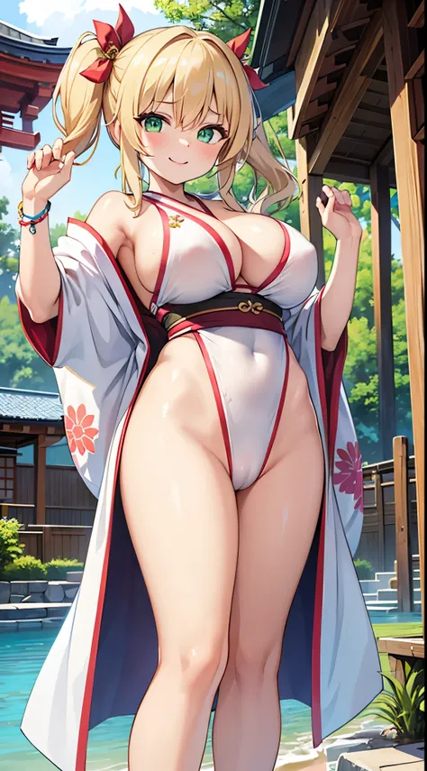 1 girl, game cg, kimono on swimsuit, gigantic breasts, blonde, middle hair, side ponytail, green eyes, Japanese shrine, dynamic, smile, blush,