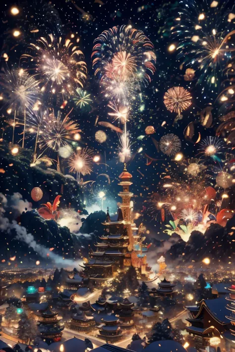 new year&#39;s day 2024, chinese style festival, gregorian new year, there are fireworks in the sky, building new year&#39;new y...