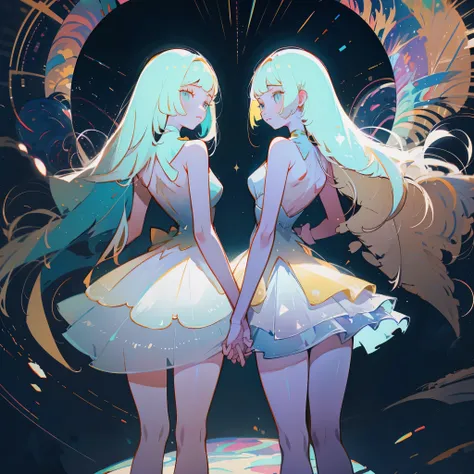 (best quality, masterpiece), Two girls in long white dresselonde hair and blue eyes holding hands back to back,Lillie and Lusamine, white diamond mineral, beautiful full body concept art, looking at viewer,  dark background, white long hair, (straight long...