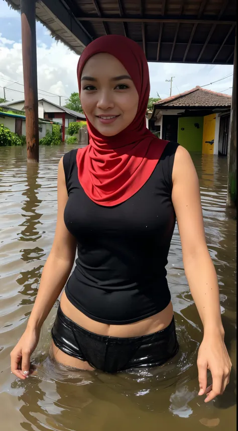 gravure, from the chest up, masutepiece, Best Quality, Ultra-detailed, Photorealistic, super detailed skin, Perfect Anatomy, (1 Malaysian), (Solo), 84 years old, Large breasts, Malaysian Hijab actress, satin red hijab, glamor, A sexy, Chromo-white skin, Lo...