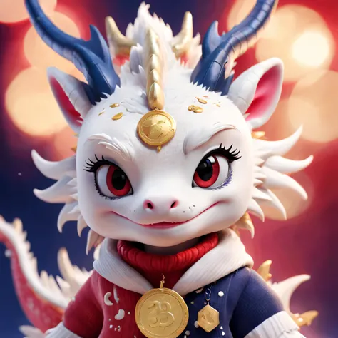 Tully Shaw，(Close-up of cute smiling zodiac dragon），Plush toy design，Ethereal，inspired by barbie doll，Winter fashion exudes luxury, Gorgeous and stylish，Sweaters，围巾，With dark navy blue and fiery red background, 2024 new year elements, Gold coins flying, Cu...