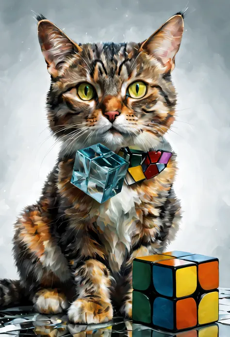 (sin texto:1.5),hipermaxalismo, grunge ultra detallado fotorrealista, Foto ultra detallada, Una pintura de estilo cubista de un gato y un cubo de Rubix., Efecto Vidrio roto, Sin antecedentes, despampanante, Being mythical, energy, molecular, texturas de pi...