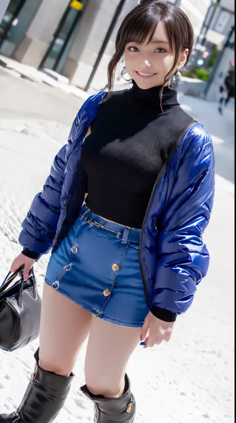 (in 8K、超A high resolution、Best Quality、masuter piece、Photorealsitic、The ultra -The high-definition)、(Black turtleneck、Blue down jacket、Definitely a pretty short black micro miniskirt:1.28)(Always walk through the city when it snows:1.1)A Japanese Lady、Cute...