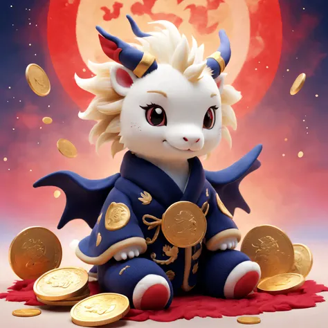 tully shaw style， （Plush stuffed toy design），(可爱微笑芭比Zodiac dragon特写），（Large close-up），Zodiac dragon，Winter fashion exudes luxury, Gorgeous and stylish，（Sweaters，围巾），With dark navy blue and fiery red background, 2024 new year elements, Gold coins flying, Cu...