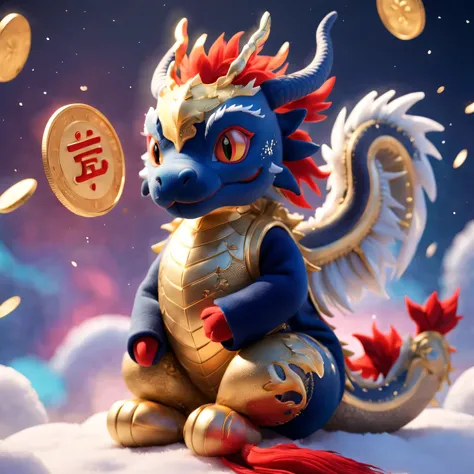 tully shaw style， （Plush stuffed toy design），(可爱微笑芭比Zodiac dragon特写），（Large close-up），Zodiac dragon，Winter fashion exudes luxury, Gorgeous and stylish，（Sweaters，围巾），With dark navy blue and fiery red background, 2024 new year elements, Gold coins flying, Cu...