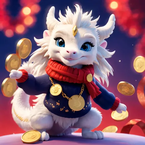 （Close up of cute furry smiling zodiac dragon bowing），Plush toy design，Ethereal，inspired by barbie doll，Gorgeous stylish winter fashion sweaters and scarves，With dark navy blue and fiery red background, 2024 new year elements, Gold coins flying, Cute 3d re...